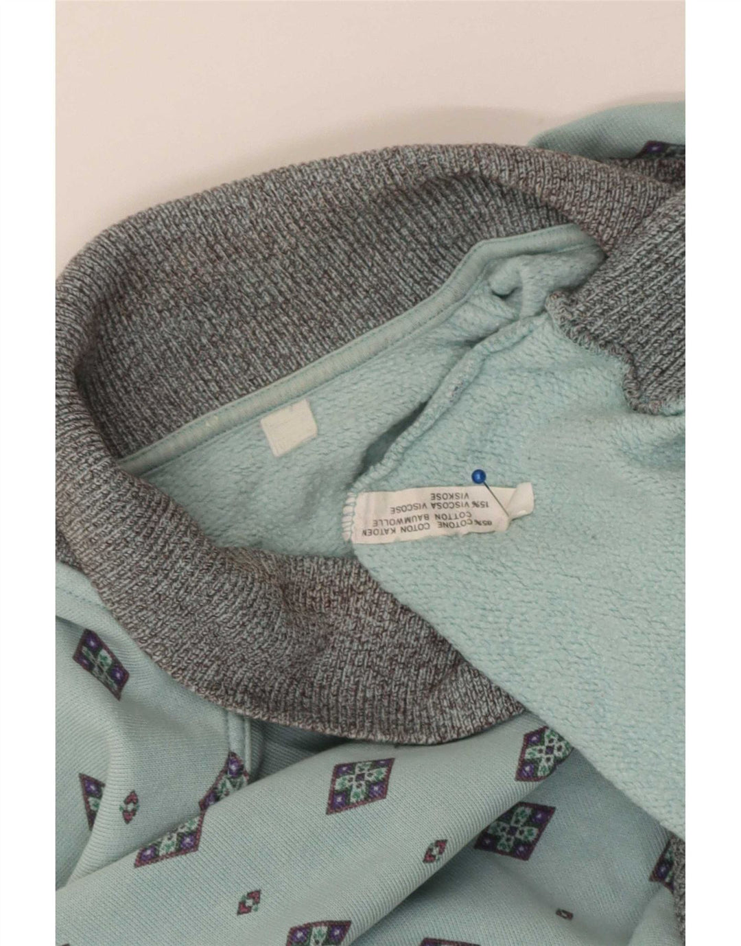 Moletom masculino vintage com gola polo jumper algodão geométrico azul médio