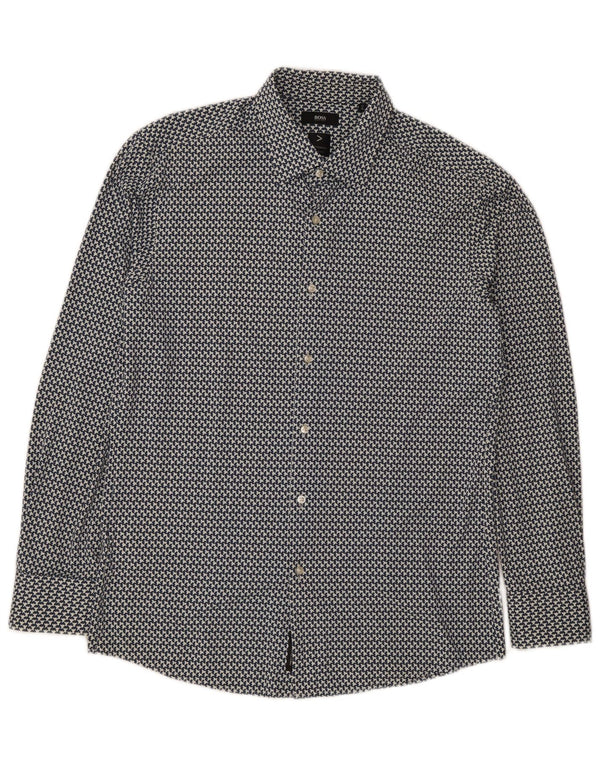 Hugo Boss Mens Slim Fit Camisa Tamanho 42 16 1/2 Grande Azul Geométrico Poliamida