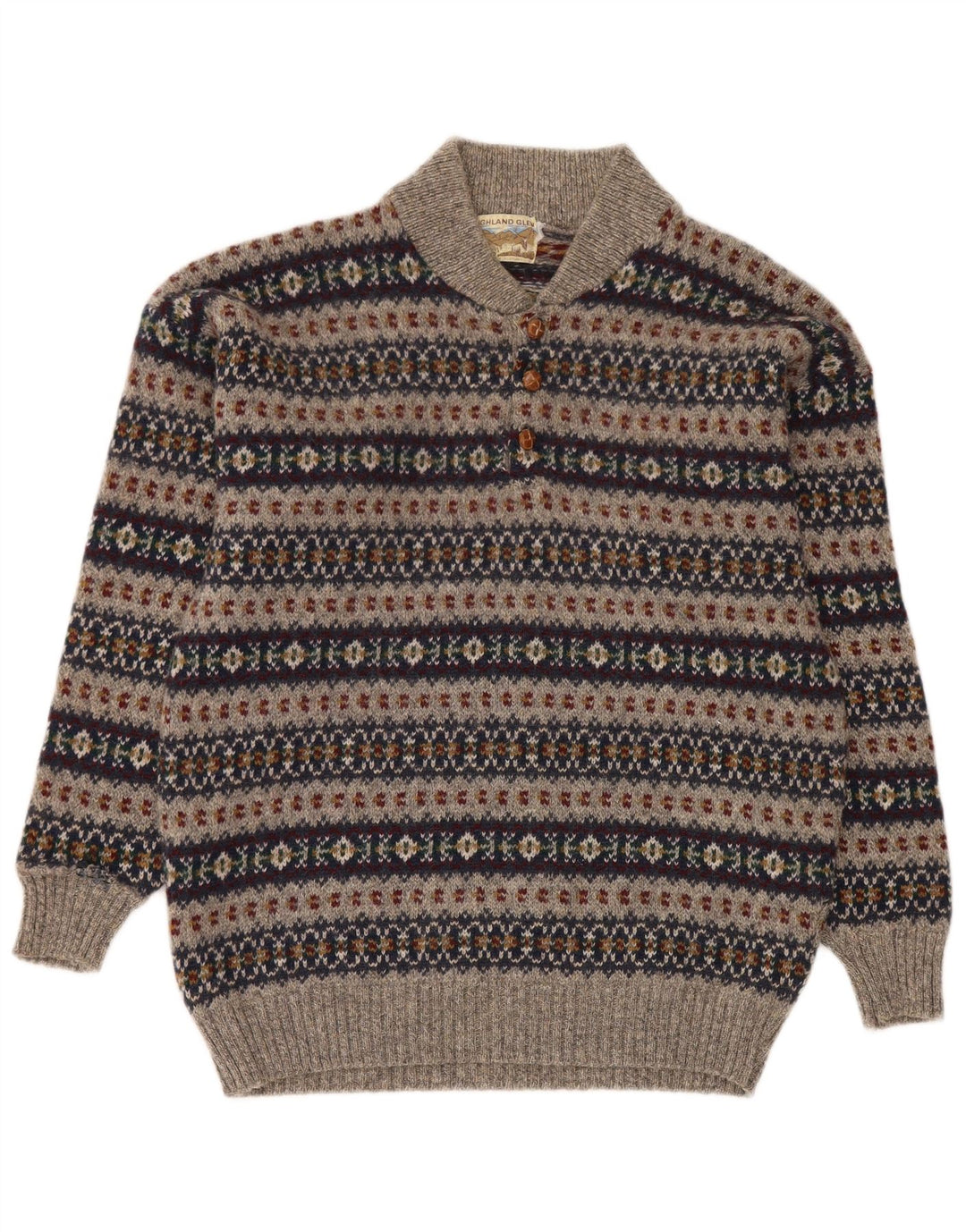 Suéter masculino Highland Glen com gola com botão e lã Fair Isle cinza médio