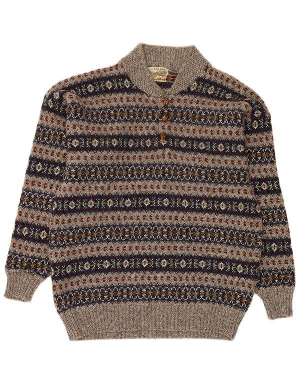 Suéter masculino Highland Glen com gola com botão e lã Fair Isle cinza médio