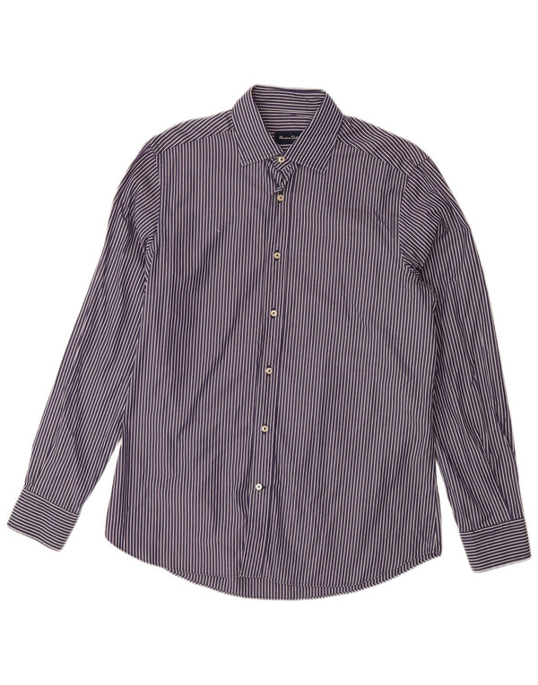 Camisa masculina Massimo Dutti grande algodão listrado azul marinho