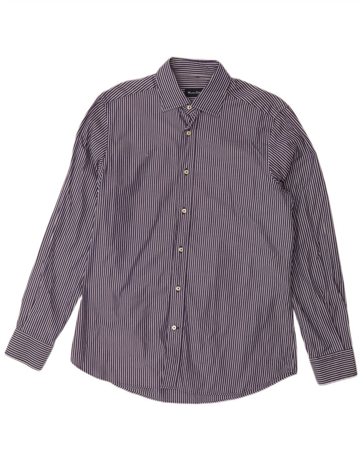 Camisa masculina Massimo Dutti grande algodão listrado azul marinho