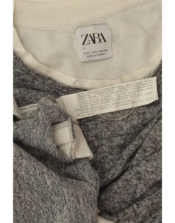 Zara Suéter feminino com gola redonda, Reino Unido 16, grande, cinza, poliéster