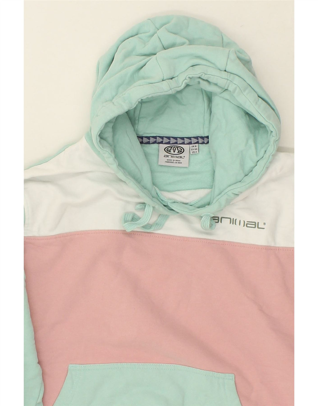 ANIMAL Womens Hoodie Jumper UK 6 XS Green Colourblock Cotton Vintage Animal and Second-Hand Animal from Messina Hembry 