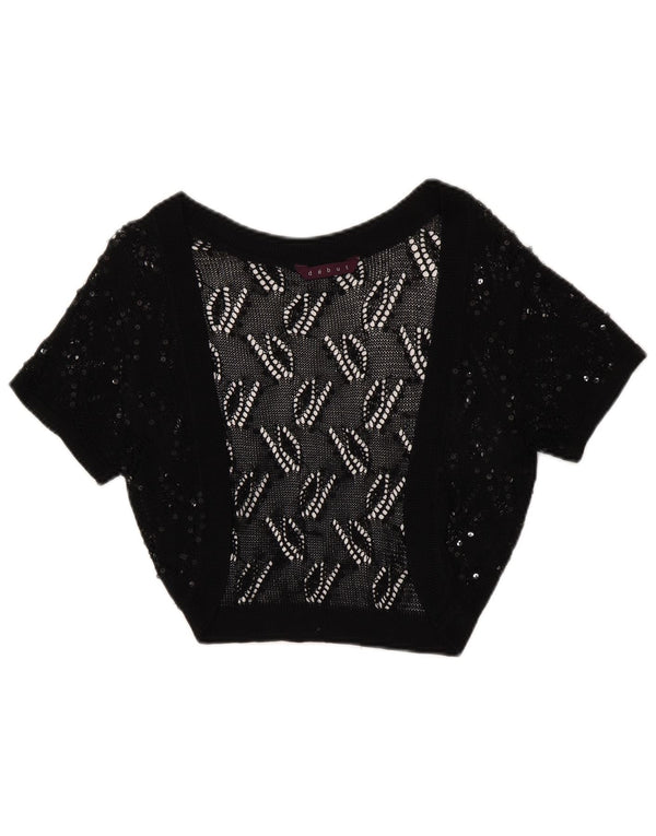 Debut suéter feminino bolero aberto cardigan Reino Unido 8 pequeno preto geométrico
