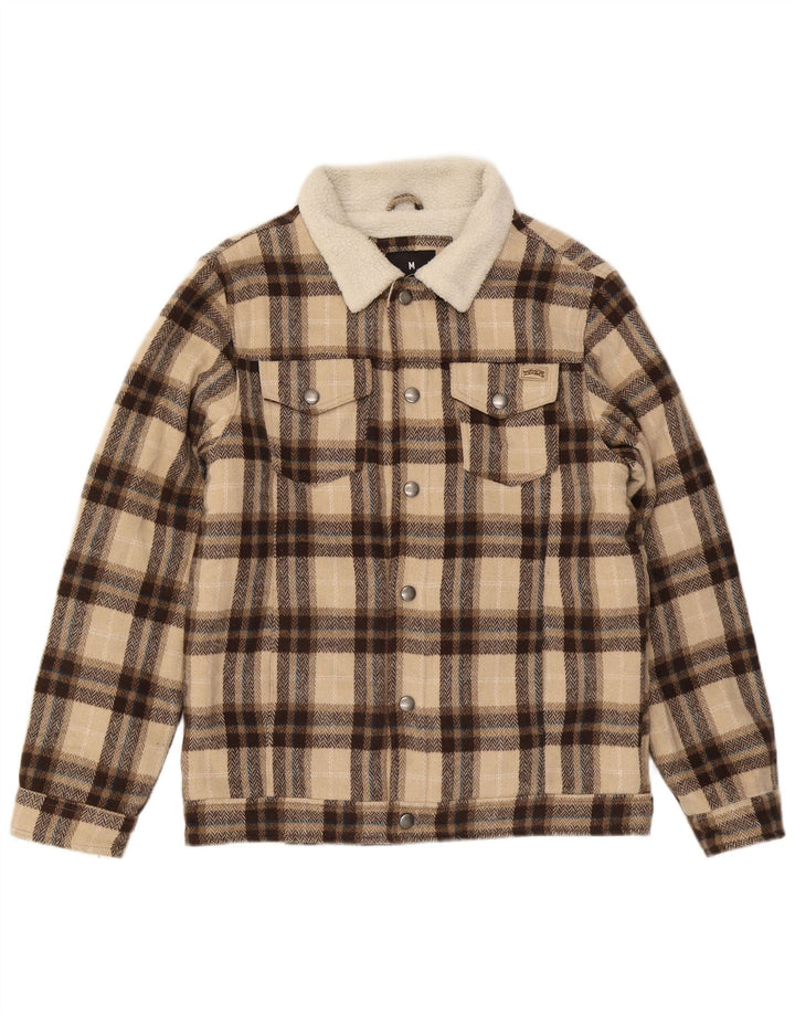 Jaqueta Sherpa masculina vintage UK 38 poliéster xadrez bege médio