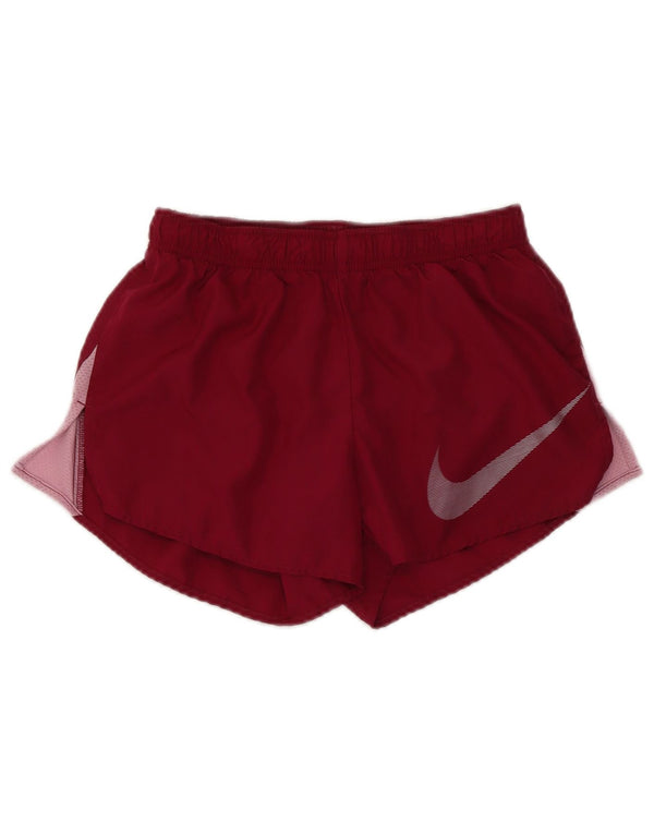 NIKE Womens Dri Fit Sport Shorts UK 6 XS Maroon Colourblock