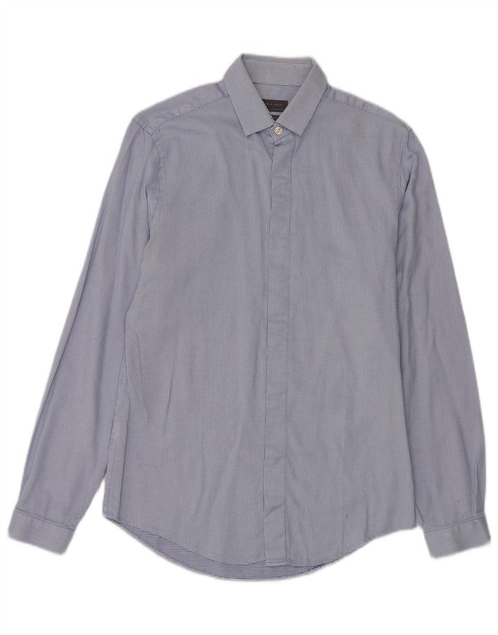 Camisa masculina Zara Slim Fit pequena algodão manchado azul