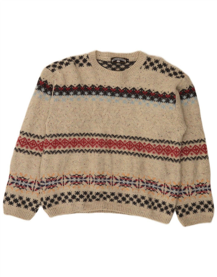 Suéter vintage masculino com gola redonda, pequeno bege, lã Fair Isle