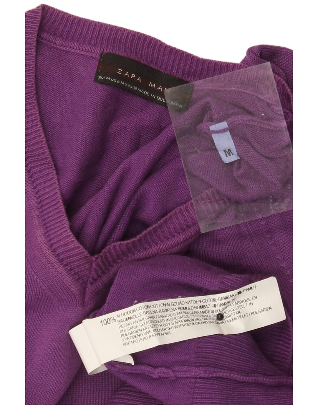 Suéter masculino ZARA com decote em V de algodão roxo médio