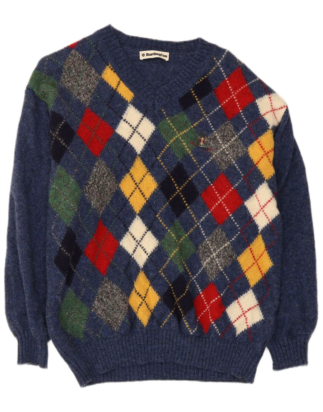 Suéter masculino Burlington com decote em V azul médio Argyle/Diamante lã nova