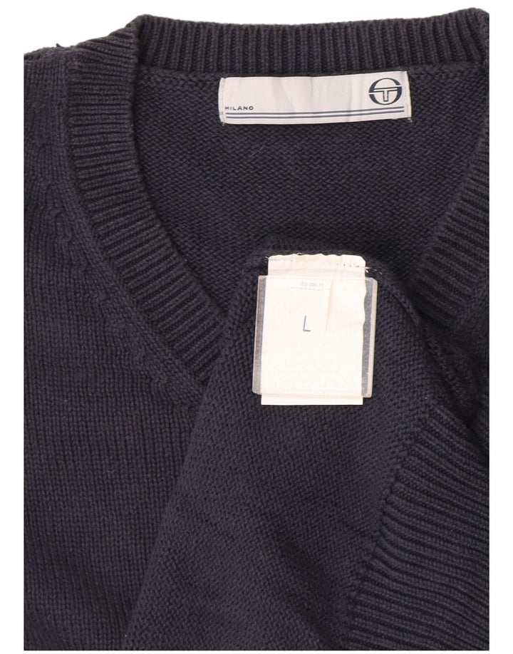 Suéter masculino Sergio Tacchini com decote em V grande algodão azul marinho