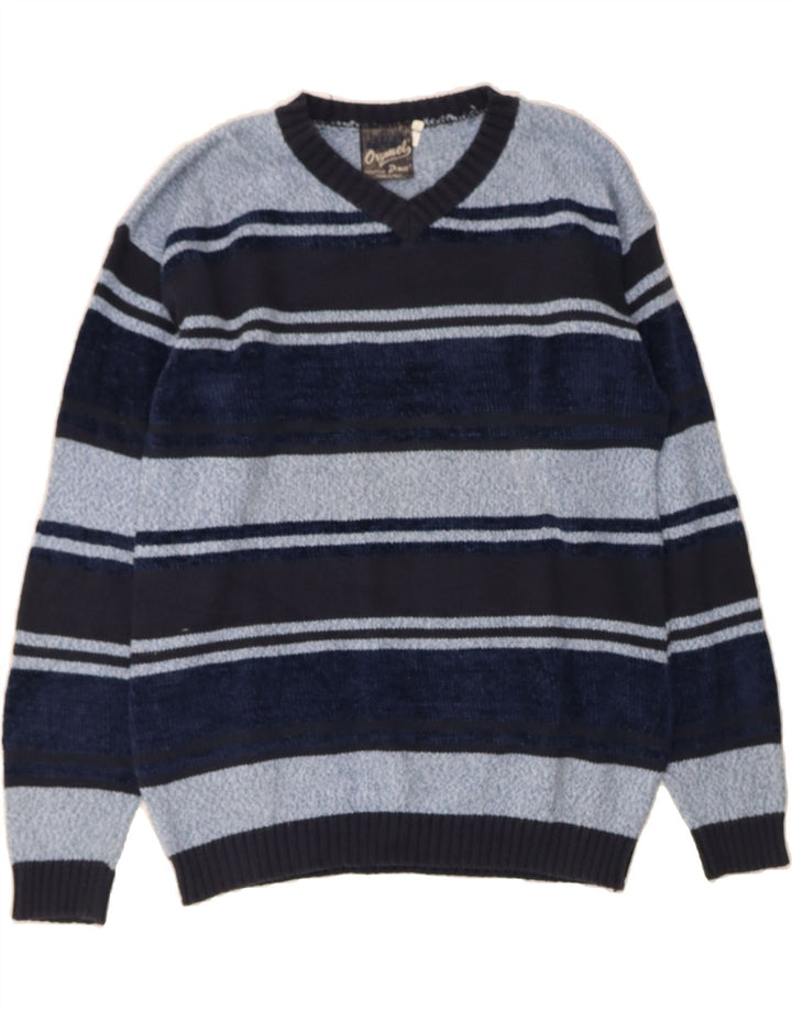 OXYMEL Mens V-Neck Jumper Sweater Large Navy Blue Striped Cotton Vintage Oxymel and Second-Hand Oxymel from Messina Hembry 