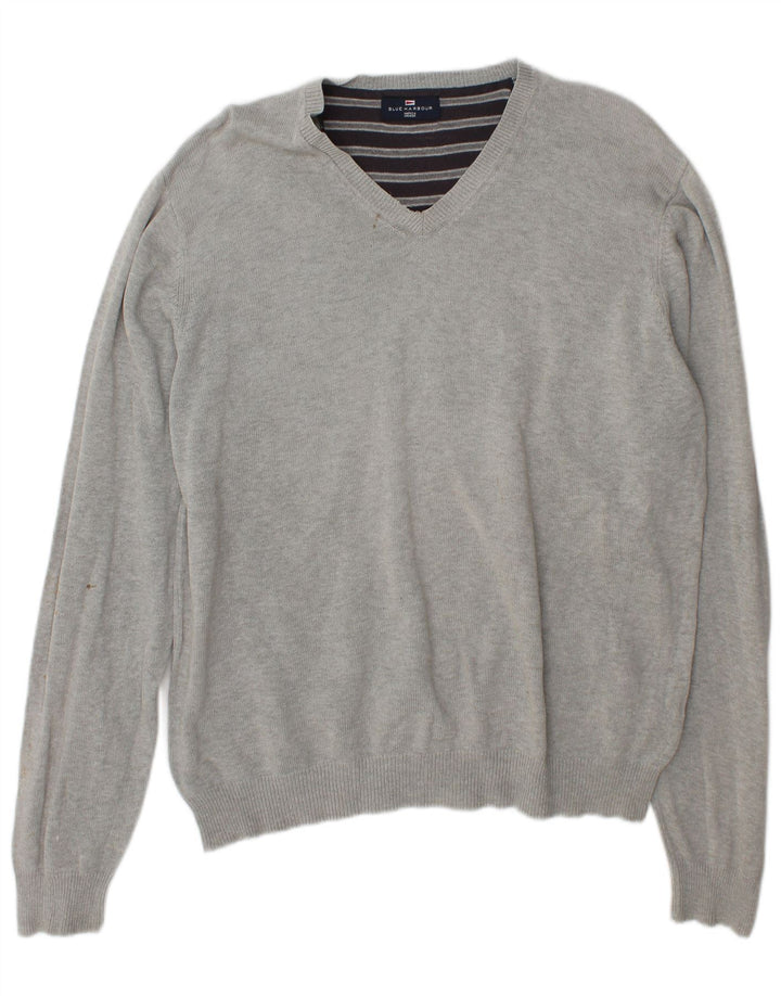 Suéter masculino Marks & Spencer Blue Harbor com decote em V, grande algodão cinza