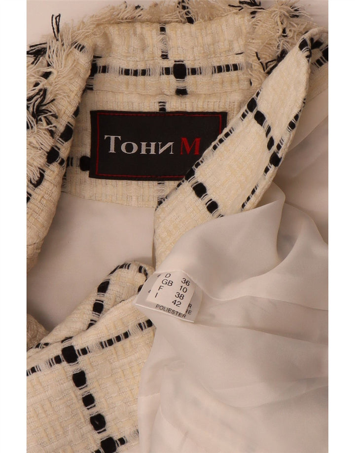 Jaqueta blazer feminina vintage com 3 botões Reino Unido 10 pequena lã xadrez branca