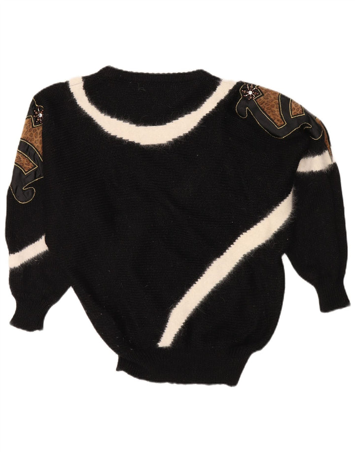 Suéter feminino VINTAGE com gola redonda EU 38 bloco de cor preto médio