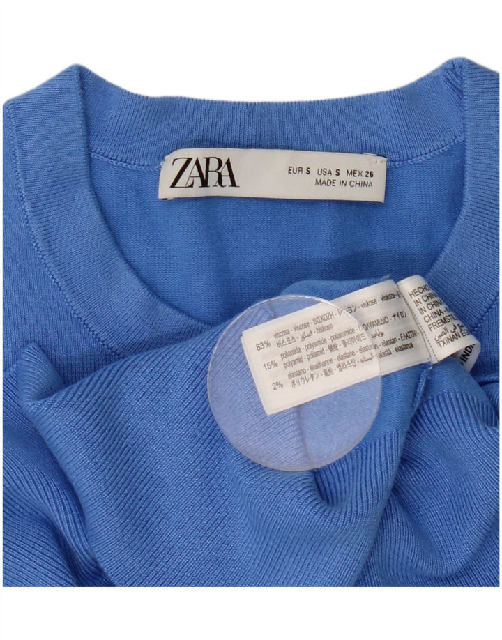 Suéter feminino Zara com gola redonda e viscose azul pequena Reino Unido 10