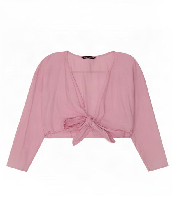 Cardigã feminino Zara de manga comprida com envoltório UK 14 grande linho rosa