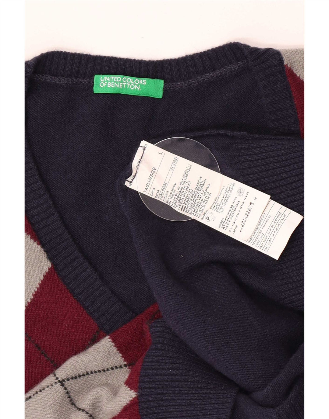 Suéter masculino Benetton com decote em V grande azul marinho Argyle/lã diamante