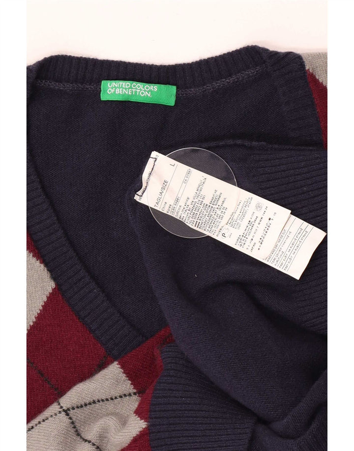 Suéter masculino Benetton com decote em V grande azul marinho Argyle/lã diamante