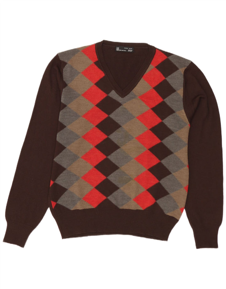 Suéter masculino Zara com decote em V, marrom médio, Argyle/Diamante