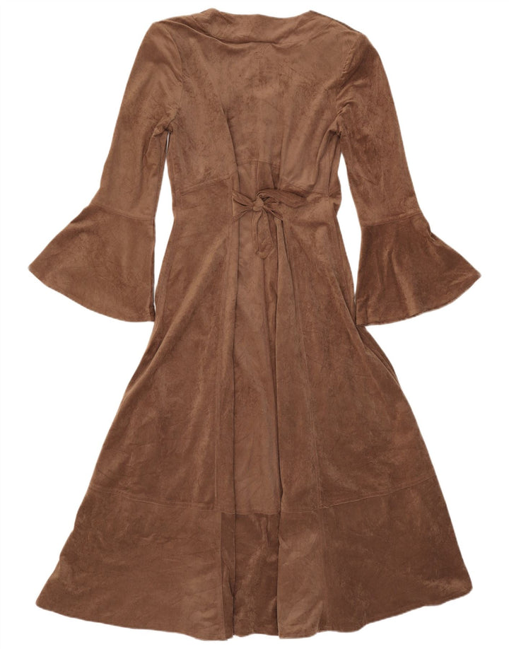 Vestido feminino vintage maxi manga longa evasê Reino Unido 12 poliéster marrom médio