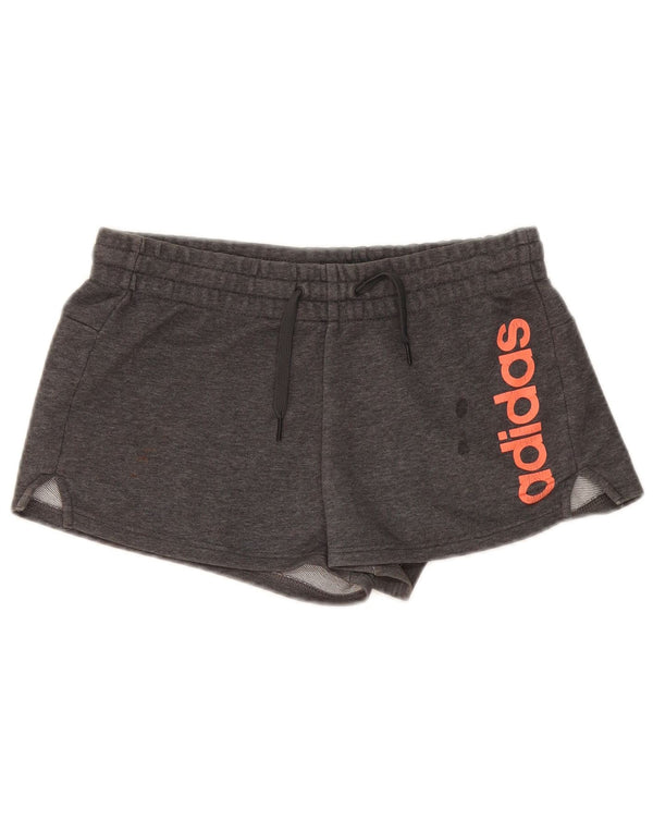 Shorts esportivos gráficos femininos Adidas UK 8/10 pequeno algodão cinza