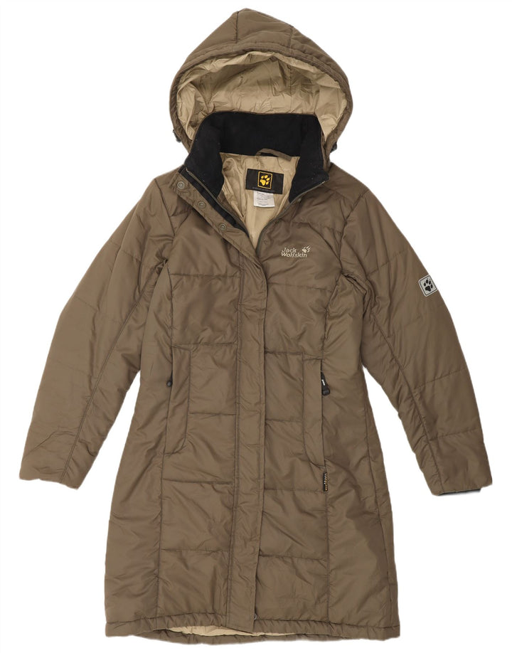 Casaco acolchoado com capuz feminino Jack Wolfskin Reino Unido 10 pequeno poliéster cáqui