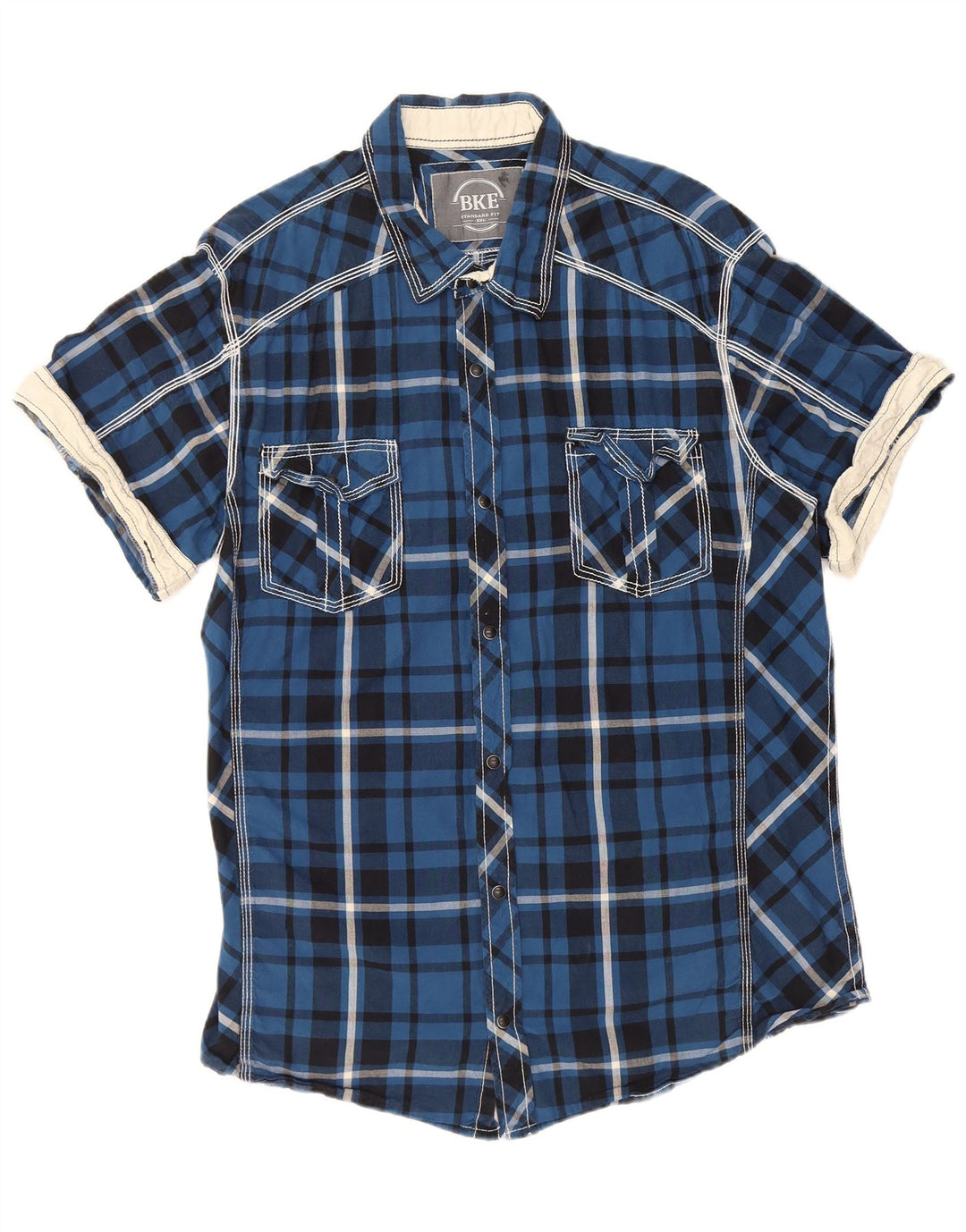 Camisa masculina BKE de manga curta com ajuste padrão 2XL algodão xadrez azul