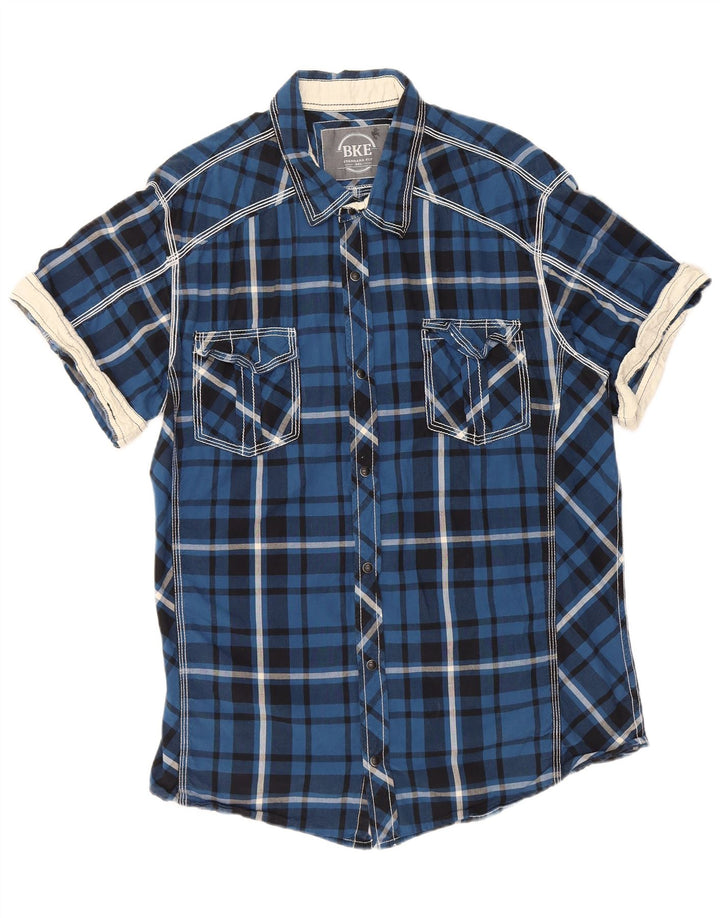 Camisa masculina BKE de manga curta com ajuste padrão 2XL algodão xadrez azul