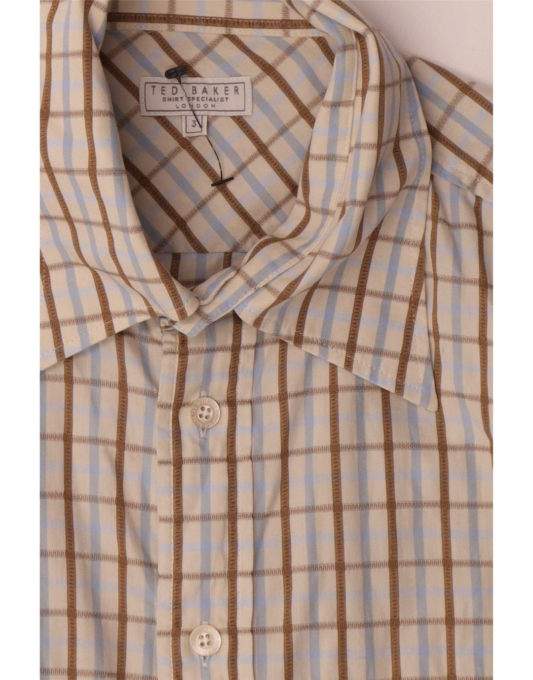 Camisa masculina Ted Baker tamanho 3 algodão xadrez bege médio
