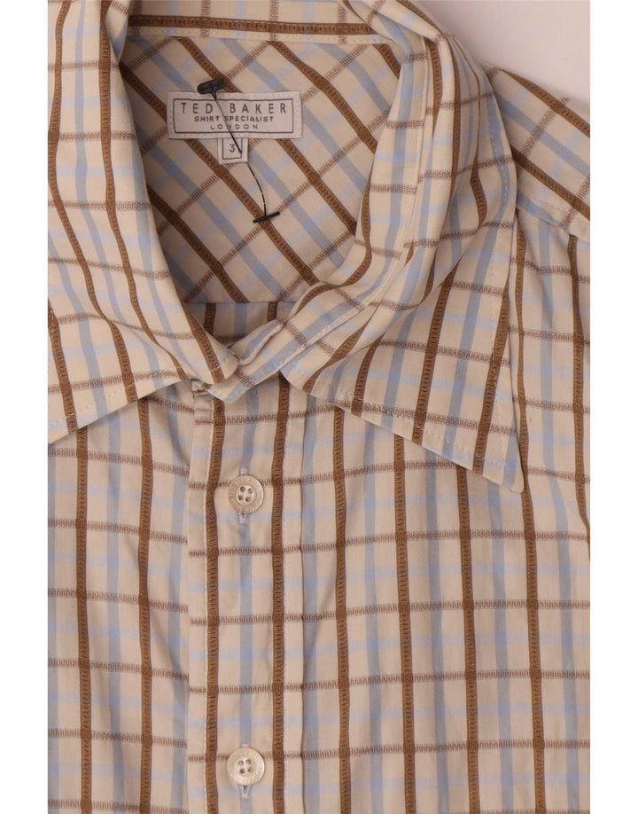 Camisa masculina Ted Baker tamanho 3 algodão xadrez bege médio