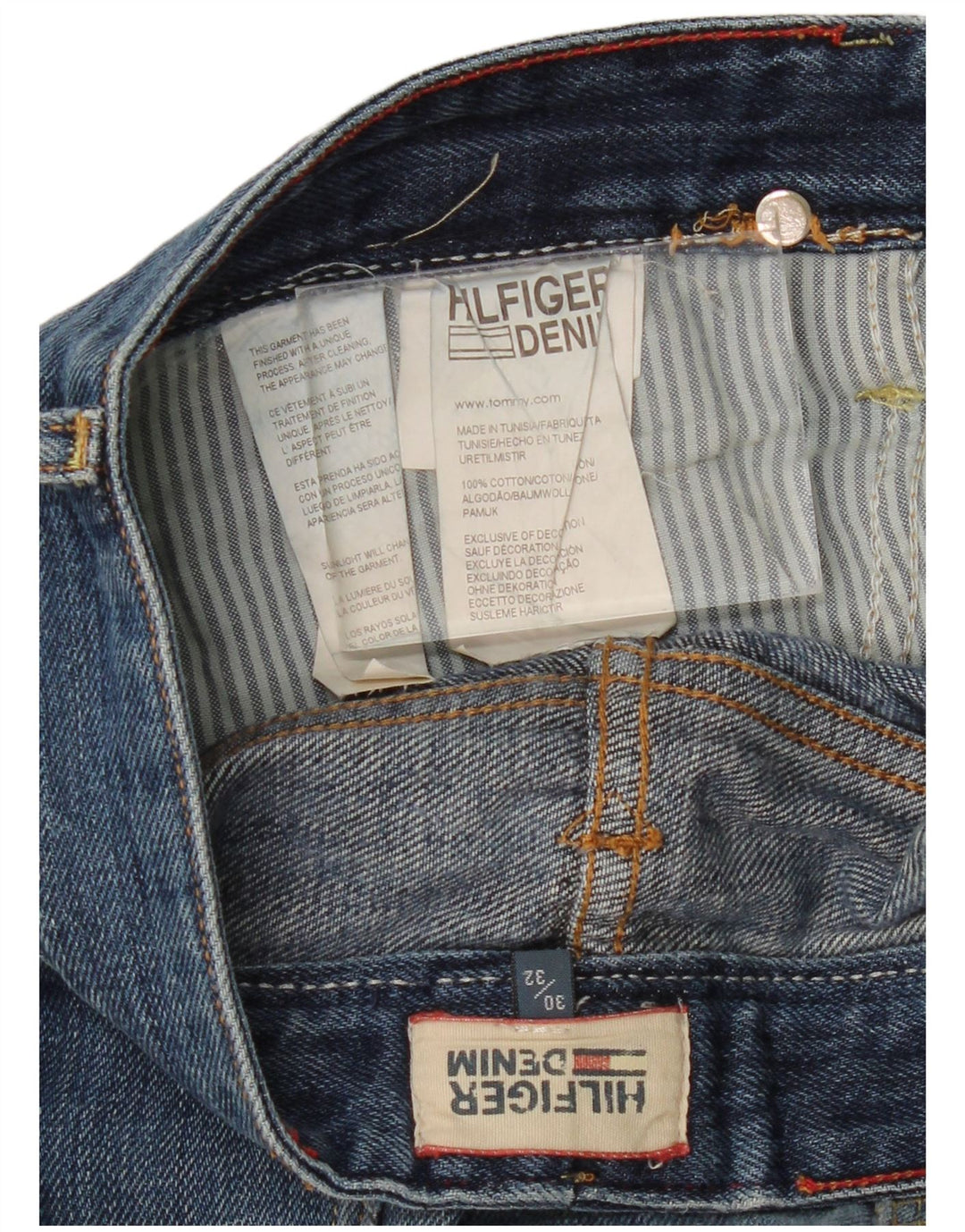 TOMMY HILFIGER Calça jeans reta masculina desgastada W30 L32 algodão azul