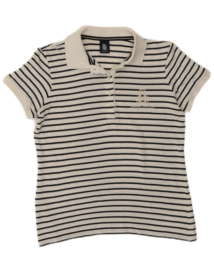 Camisa polo feminina Marina Yachting UK 16 grande listrada branca náutica