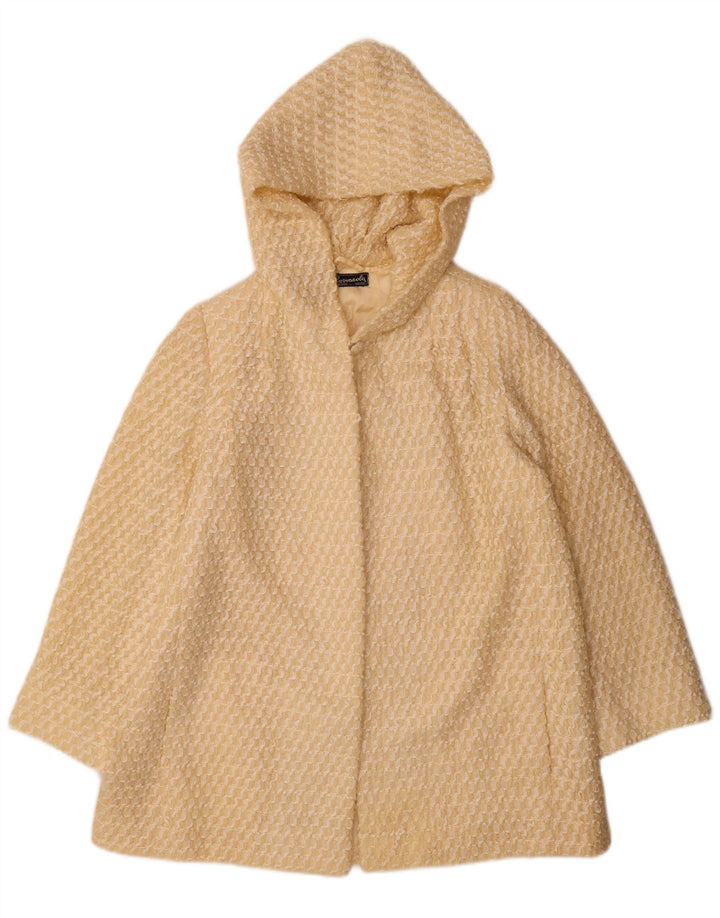 Sobretudo feminino vintage com capuz UK 12 listrado amarelo médio