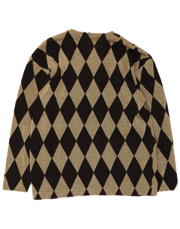 Suéter cardigã feminino vintage grande Reino Unido 16 grande preto argyle/diamante