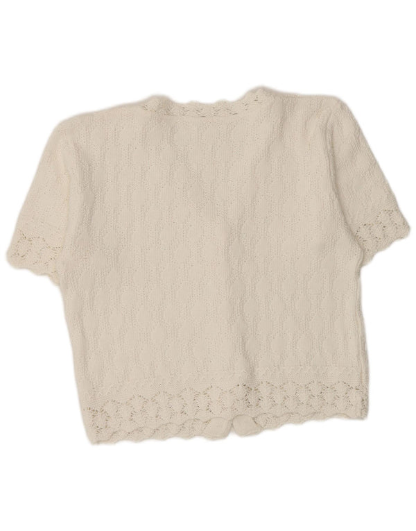 Suéter cardigã feminino vintage de manga curta UK 12 algodão branco médio