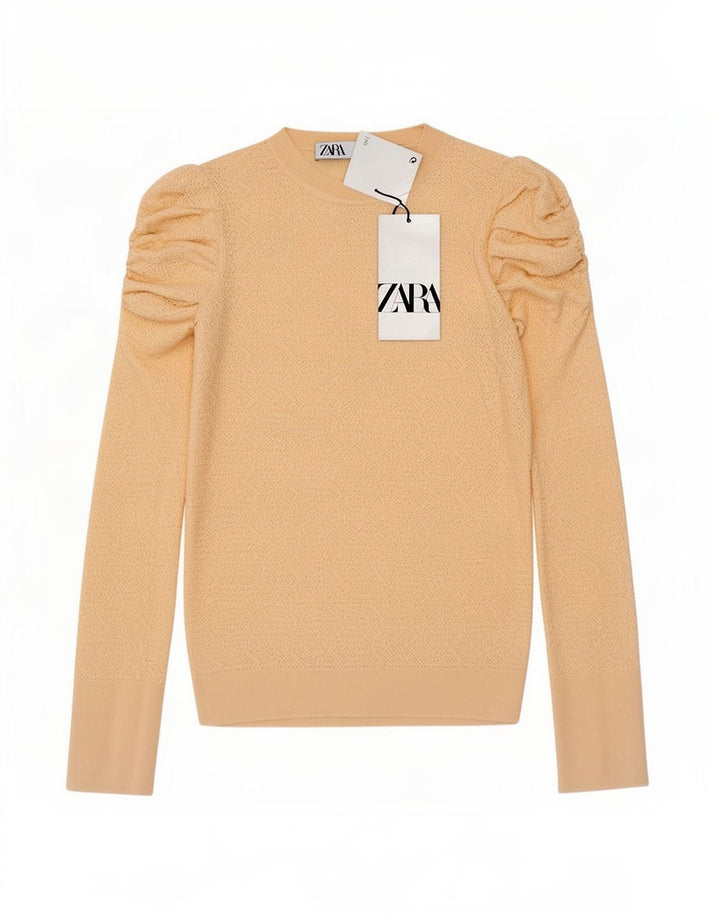 Top feminino Zara manga comprida UK 12 viscose bege médio