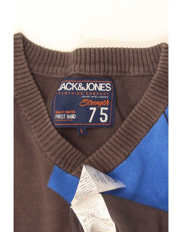 Suéter masculino Jack & Jones com decote em V grande cinza Argyle/algodão diamante