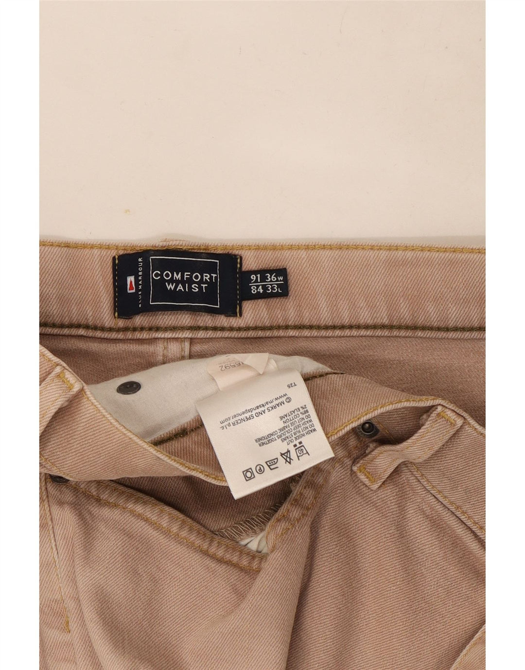Calça jeans reta masculina Marks & Spencer Blue Harbor W36 L33 algodão bege