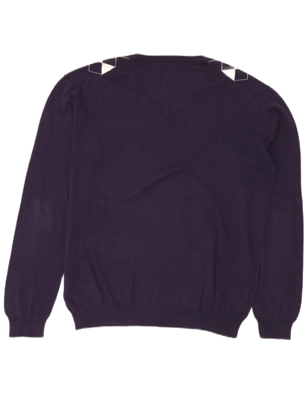 Suéter masculino VINTAGE com decote em V médio azul marinho algodão argyle/diamante