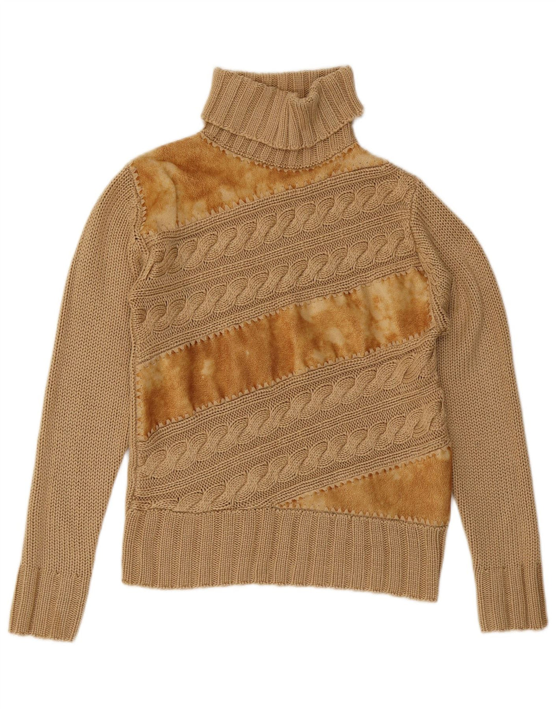 Suéter feminino vintage com gola redonda Reino Unido 12 bloco colorido marrom médio