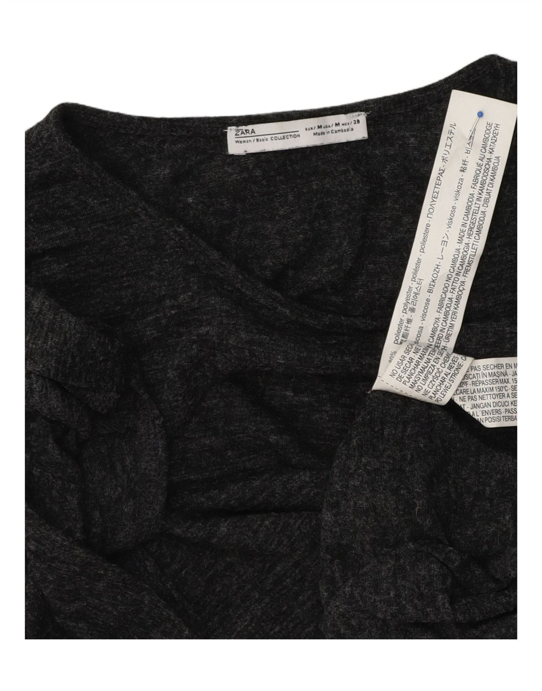 Camiseta feminina Zara UK 12 poliéster manchado cinza médio