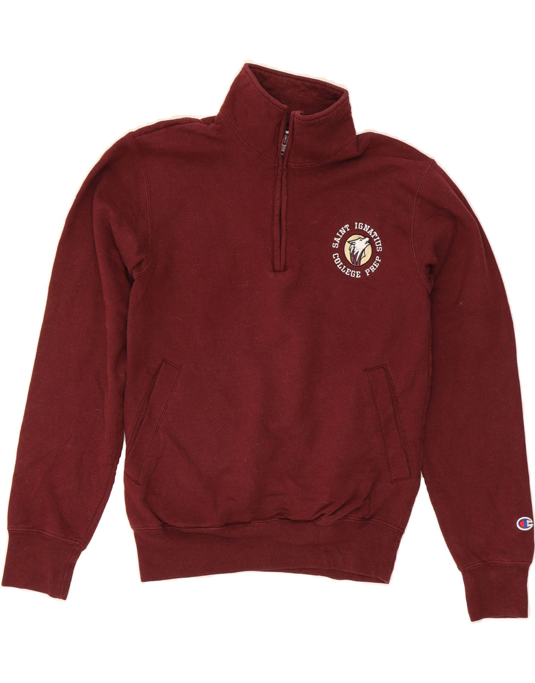 CHAMPION Mens Saint Ignatius Zip Neck Sweatshirt Jumper XS Burgundy Vintage Champion and Second-Hand Champion from Messina Hembry 