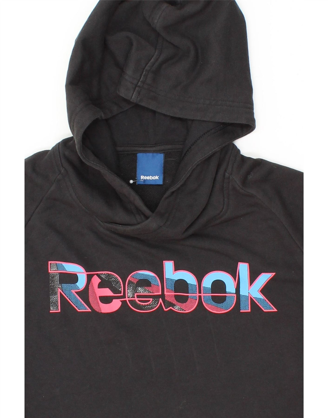 REEBOK Womens Graphic Hoodie Jumper UK 12 Medium Black Cotton Vintage Reebok and Second-Hand Reebok from Messina Hembry 