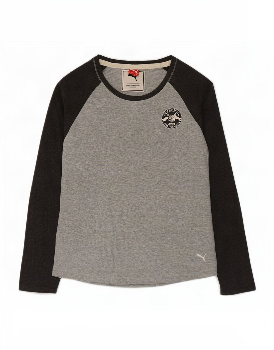Top feminino Puma manga comprida UK 12 algodão colorblock cinza médio