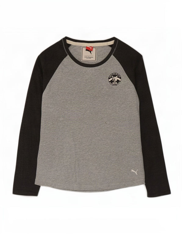 Top feminino Puma manga comprida UK 12 algodão colorblock cinza médio