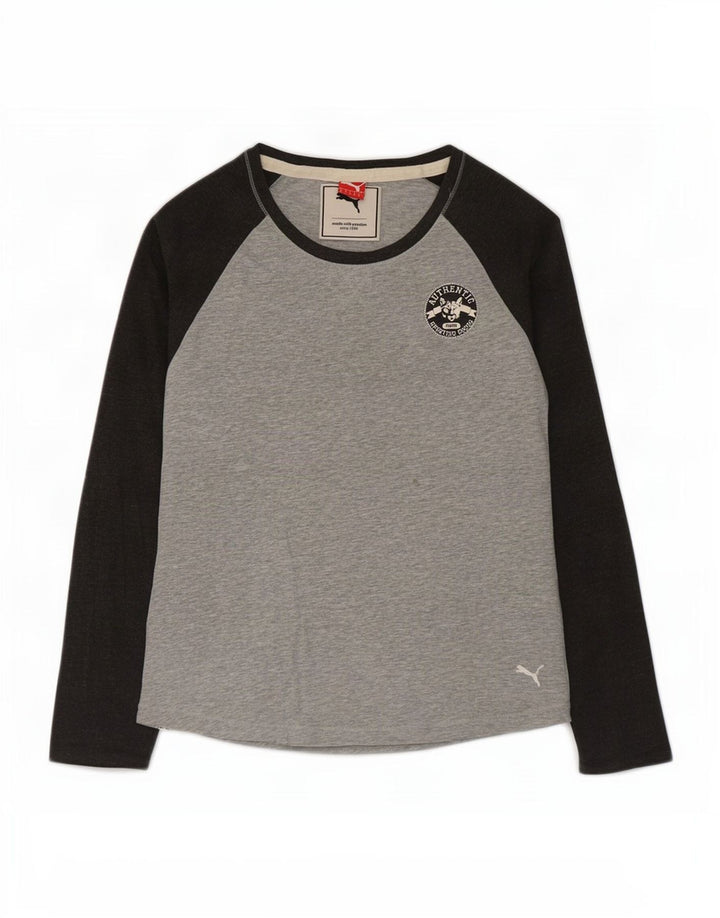 Top feminino Puma manga comprida UK 12 algodão colorblock cinza médio