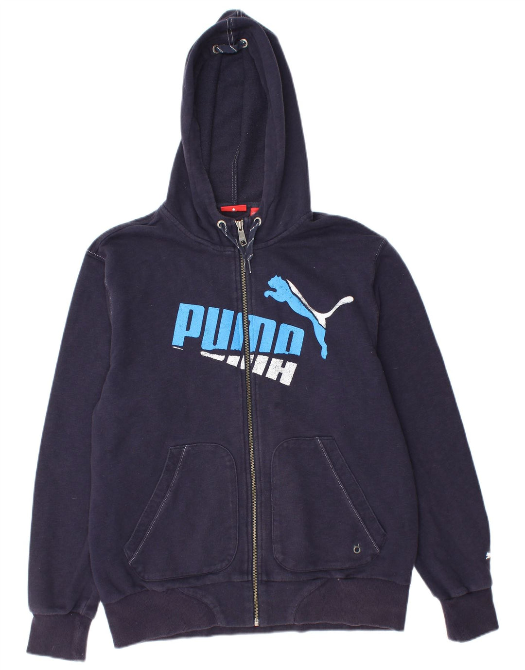 Suéter PUMA masculino com capuz e zíper gráfico médio azul marinho