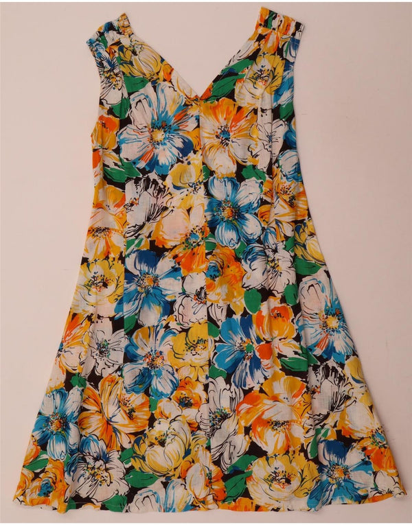 Vestido feminino vintage sem mangas evasê UK 12 médio floral multicolorido